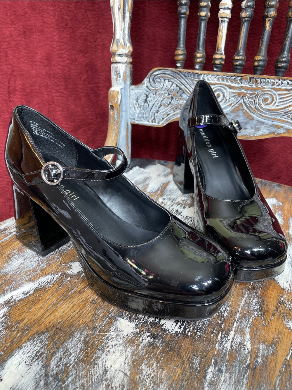 ❤️ Madden Girl Funky Black Patent Mary Jane Block Heel Platform Pumps, 8.5